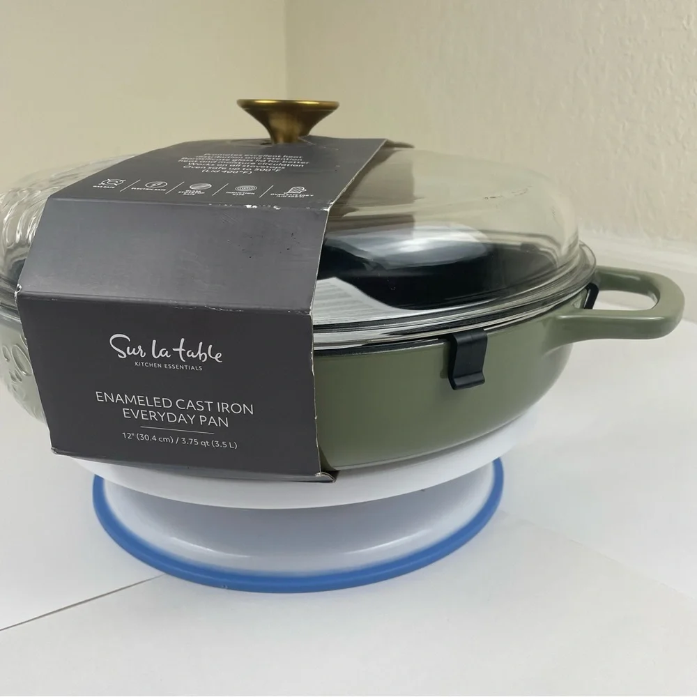 Sur La Table 3.75 Qt Enamel Cast Iron Braiser Pan W/ Glass Lid Green NEW